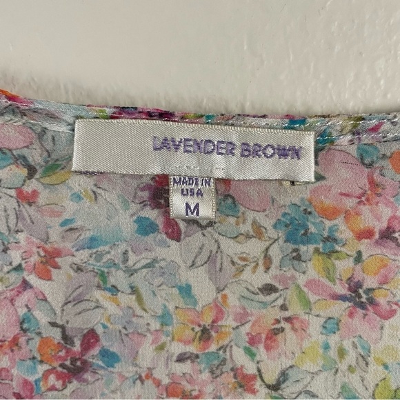 Lavender Brown Silk Floral Sheer Top Flutter Bell Sleeve Pastel Size Medium - Picture 7 of 10